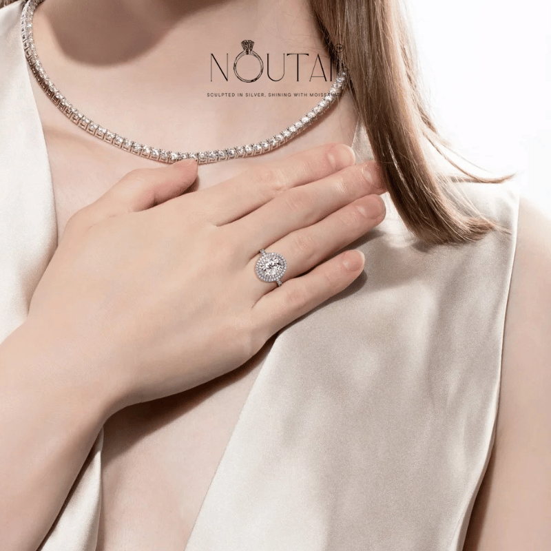 Noutai 3ct Oval Cut Moissanite Double Halo Engagement Ring – 925 Sterling Silver