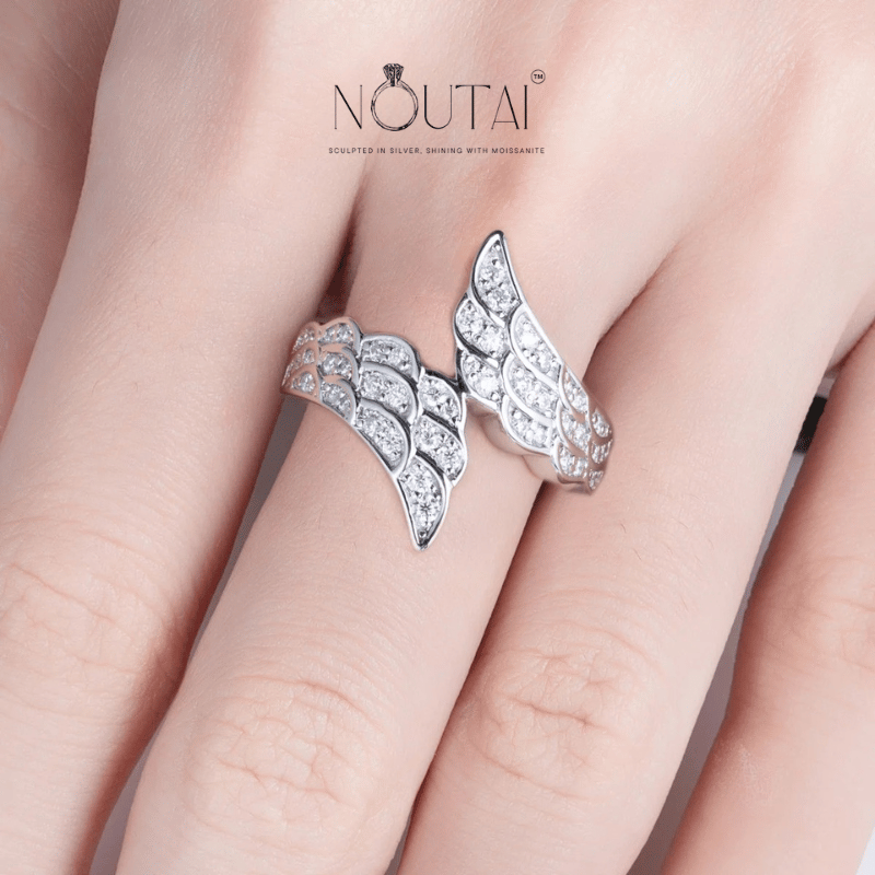 Noutai D Color Moissanite Angel Wings Wedding Band – 925 Sterling Silver