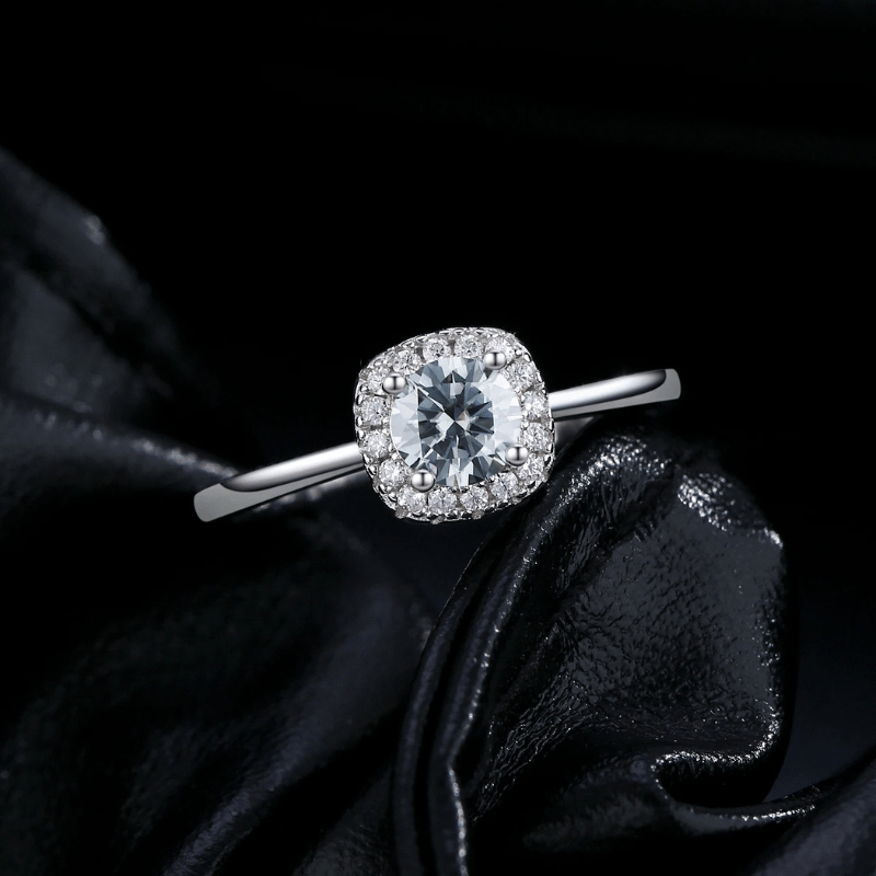 Noutai D Color Gray Moissanite Square Halo Ring – 925 Sterling Silver