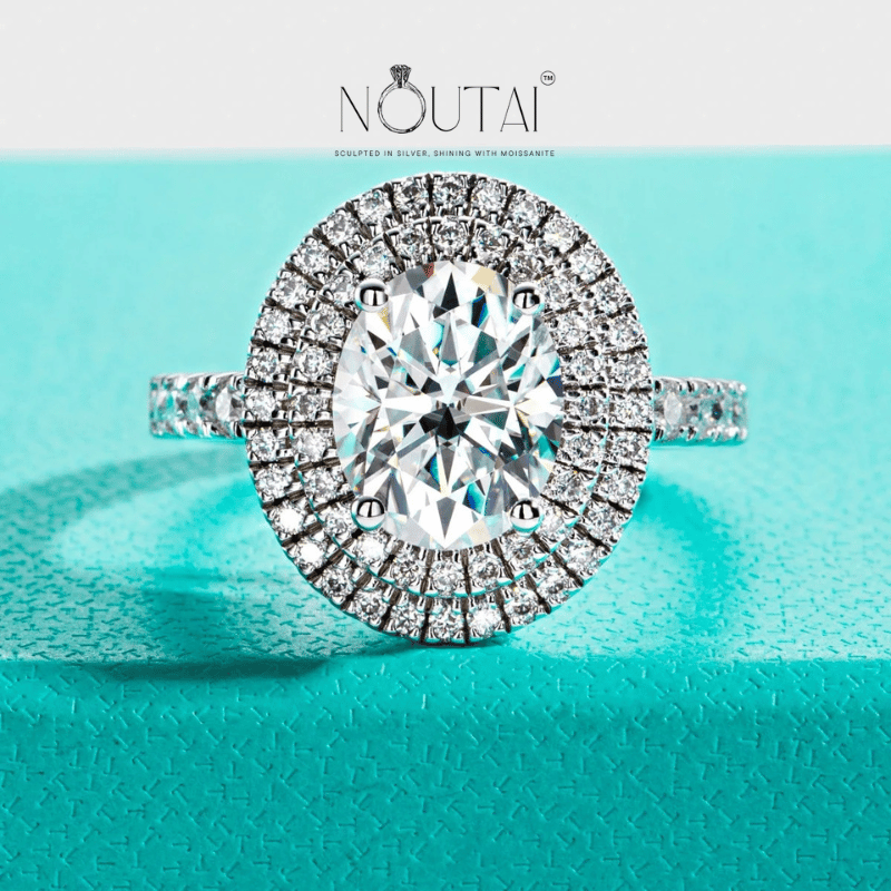 Noutai 3ct Oval Cut Moissanite Double Halo Engagement Ring – 925 Sterling Silver