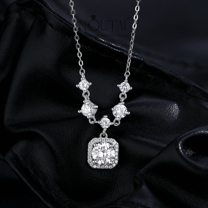 Noutai 1ct D Color Moissanite Halo Pendant Necklace – 925 Sterling Silver
