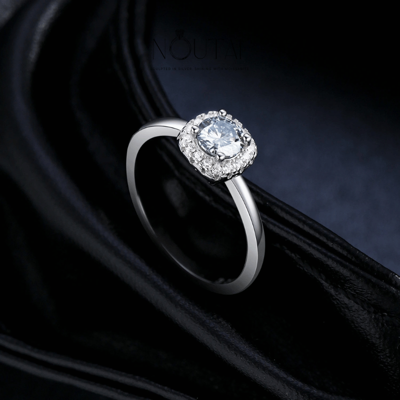 Noutai D Color Gray Moissanite Square Halo Ring – 925 Sterling Silver