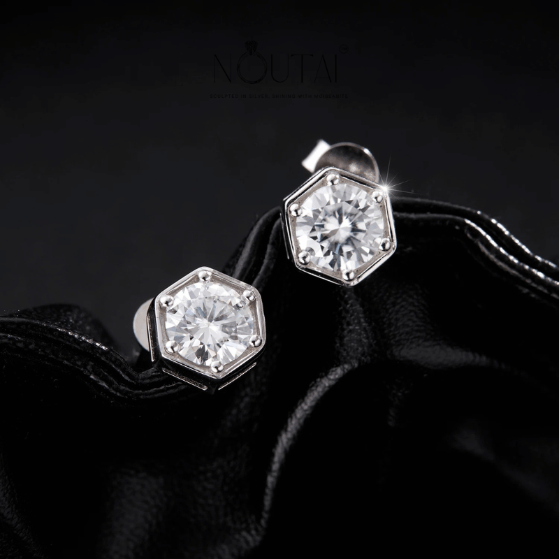 Noutai 1ct D Color Moissanite Hexagon Stud Earrings – 925 Sterling Silver