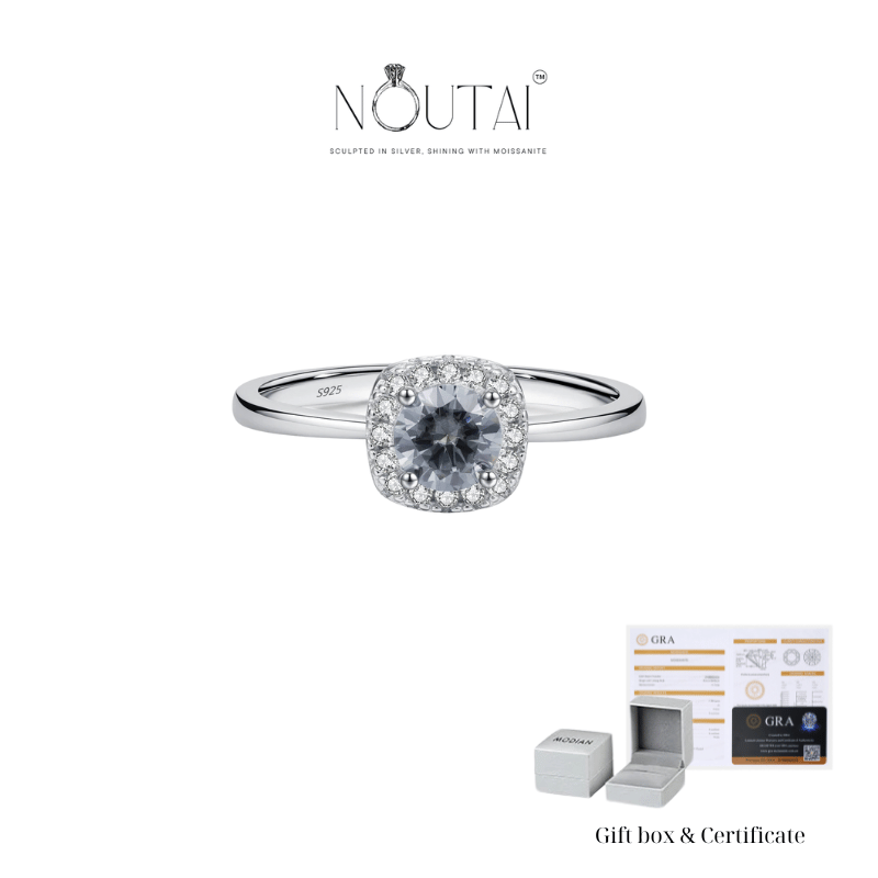 Noutai D Color Gray Moissanite Square Halo Ring – 925 Sterling Silver