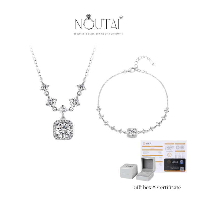 Conjunto de collar y pulsera geométricos de moissanita Noutai: joyería nupcial de lujo para mujer