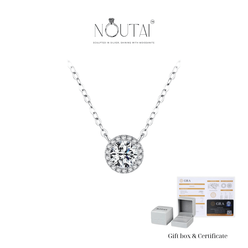 Noutai 0.8ct D Color Classic Halo Moissanite Pendant – 925 Sterling Silver