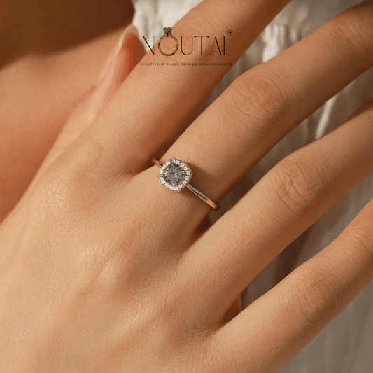 Noutai D Color Gray Moissanite Square Halo Ring – 925 Sterling Silver
