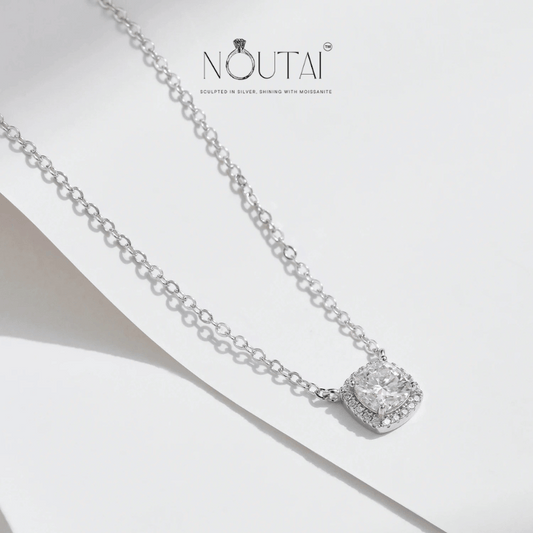 Noutai 1ct Square Cushion Halo Moissanite Pendant – 925 Sterling Silver