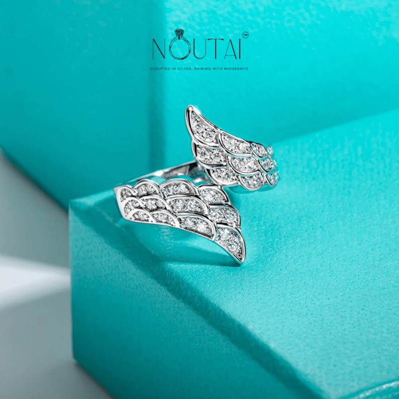 Noutai D Color Moissanite Angel Wings Wedding Band – 925 Sterling Silver