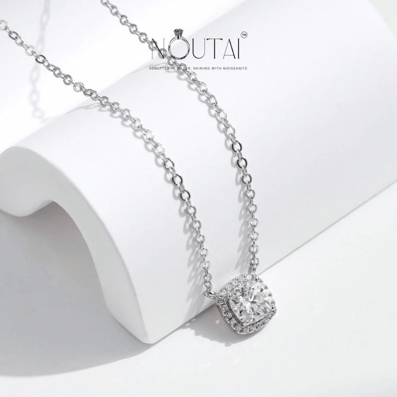 Noutai 1ct Square Cushion Halo Moissanite Pendant – 925 Sterling Silver